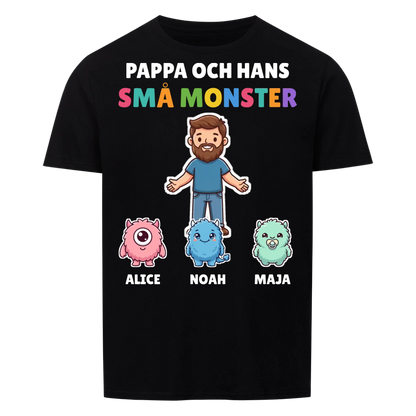 Pappa och hans små monster t-shirt med pappas figur, barnens monster och namn. Personlig present till pappa
