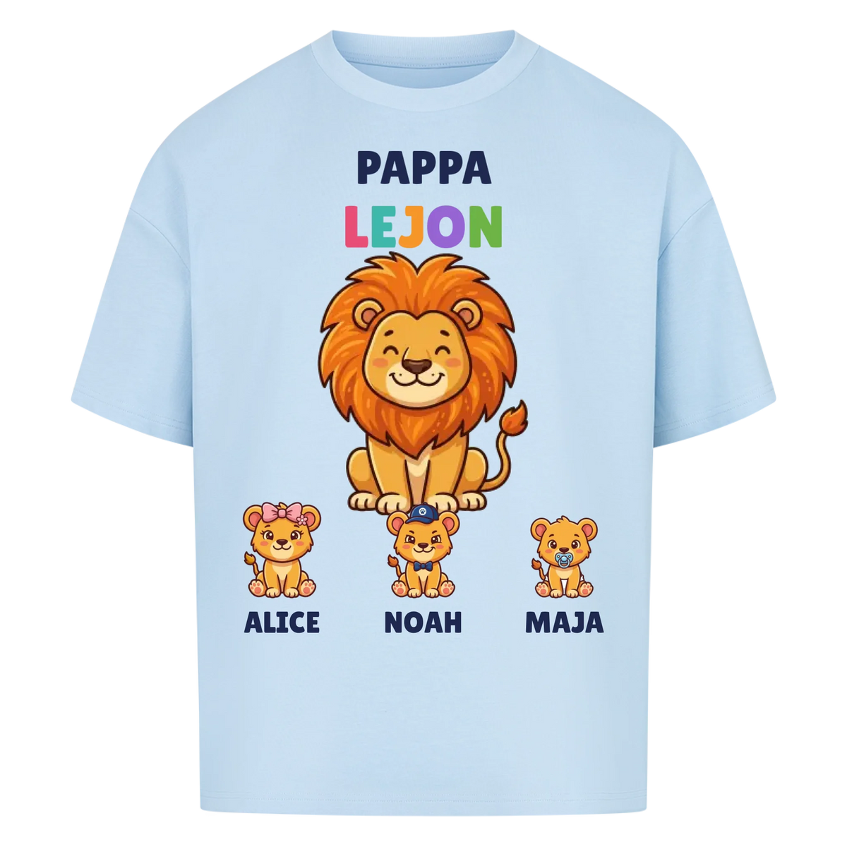 Pappa Lejon t-shirt med lejonpappa, barnens namn och små lejonungar. Personlig present till pappa