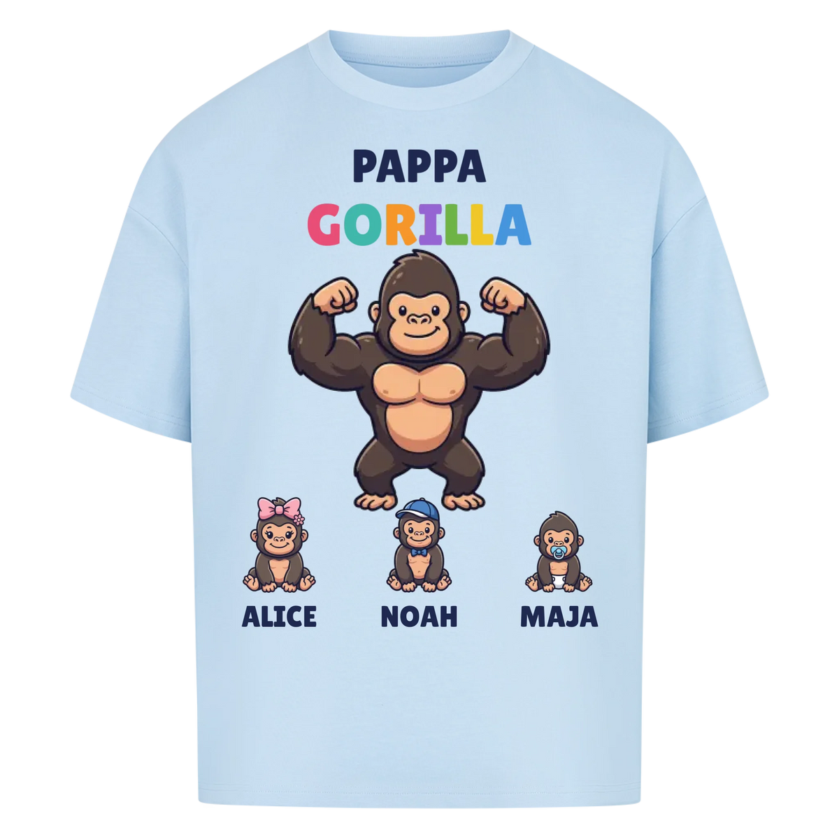 Pappa Gorilla t-shirt med gorillapappa, barnens namn och små gorillor. Personlig present till pappa
