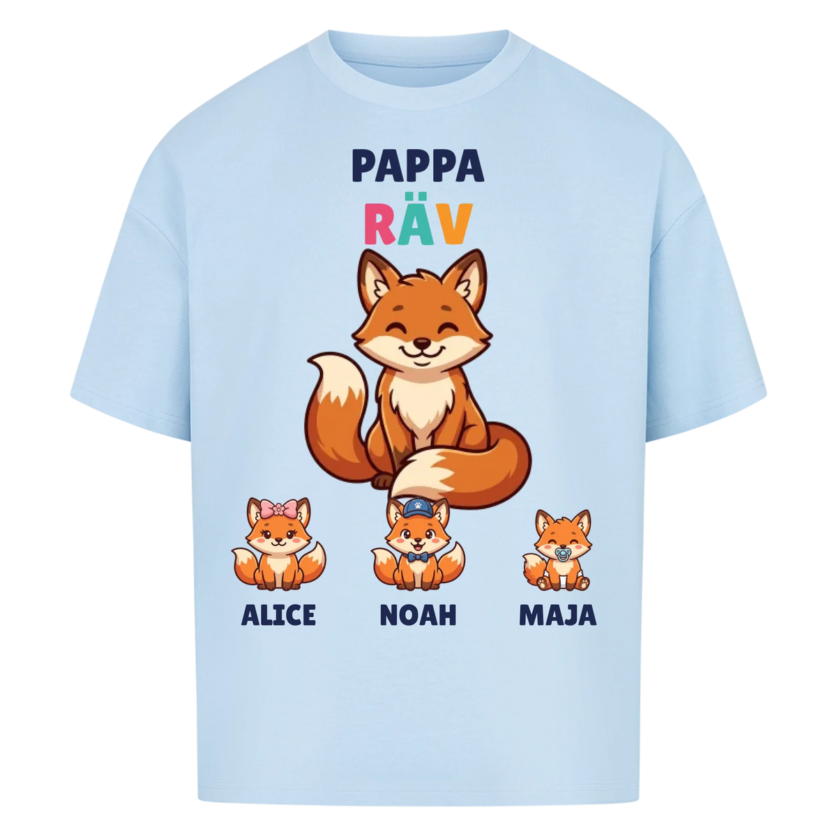 Pappa Räv t-shirt med rävpappa, barnens namn och små rävungar. Personlig present till pappa