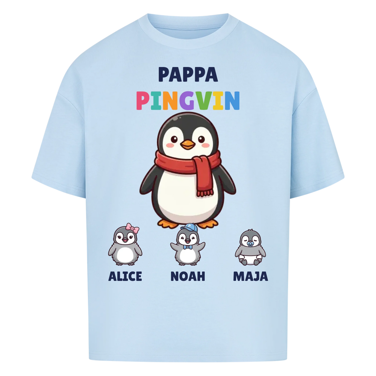 Pappa Pingvin t-shirt med pingvinpappa, barnens namn och små pingvinungar. Personlig present till pappa