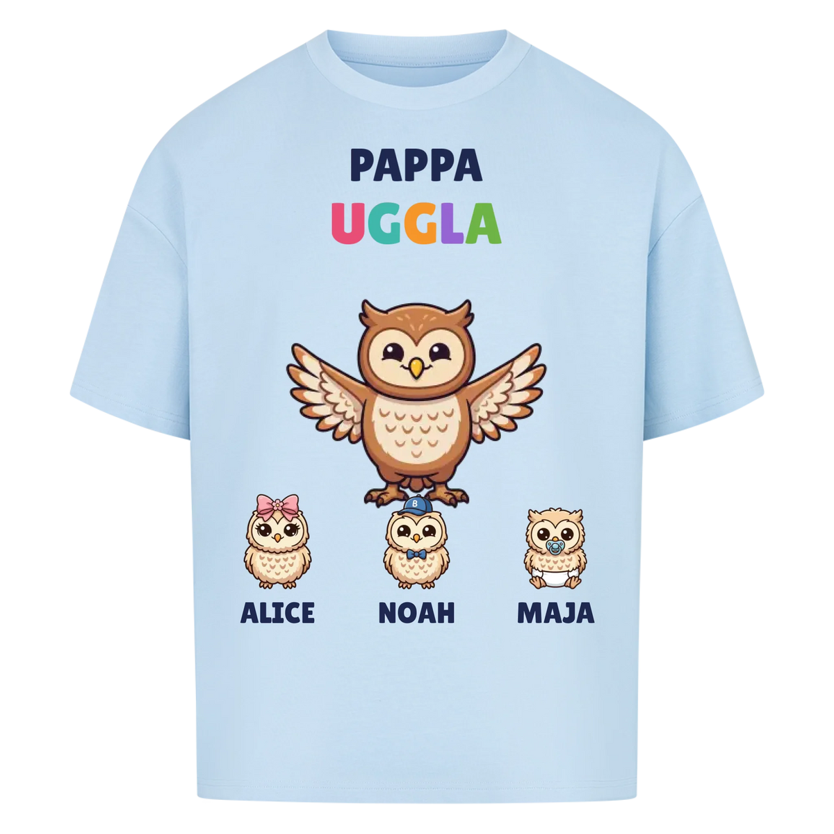 Pappa Uggla t-shirt med ugglepappa, barnens namn och små ugglor. Personlig present till pappa