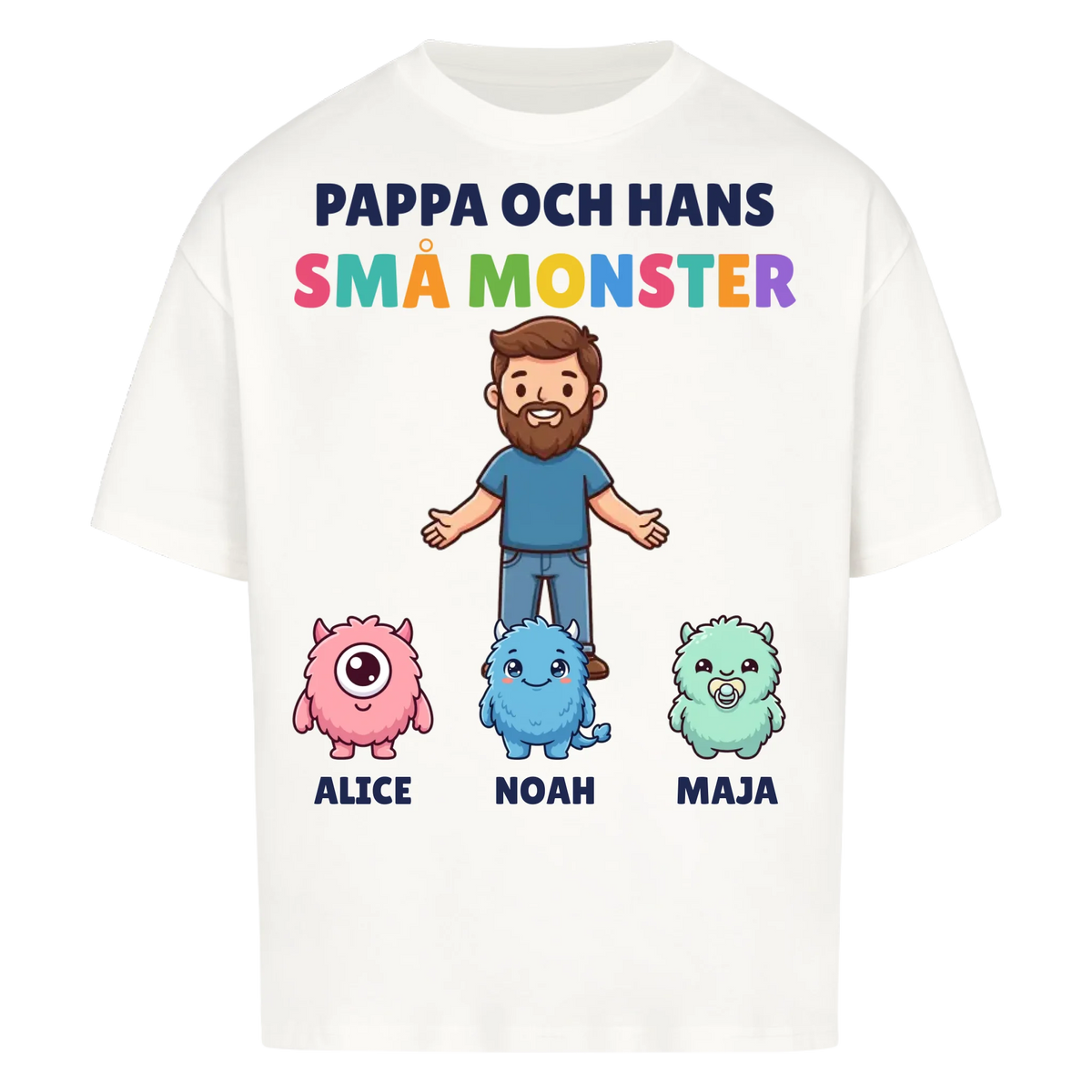 Pappa och hans små monster t-shirt med pappas figur, barnens monster och namn. Personlig present till pappa