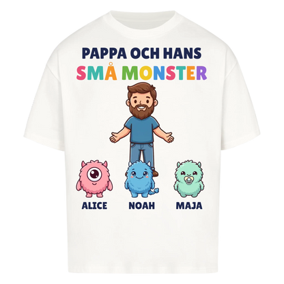Pappa och hans små monster t-shirt med pappas figur, barnens monster och namn. Personlig present till pappa
