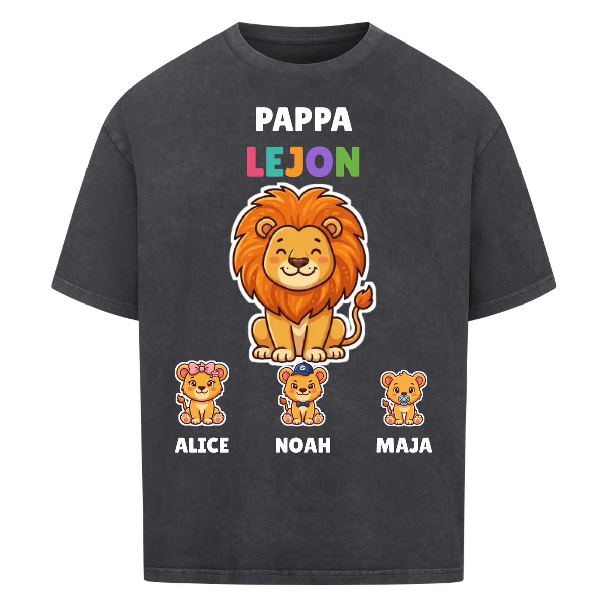 Pappa Lejon t-shirt med lejonpappa, barnens namn och små lejonungar. Personlig present till pappa