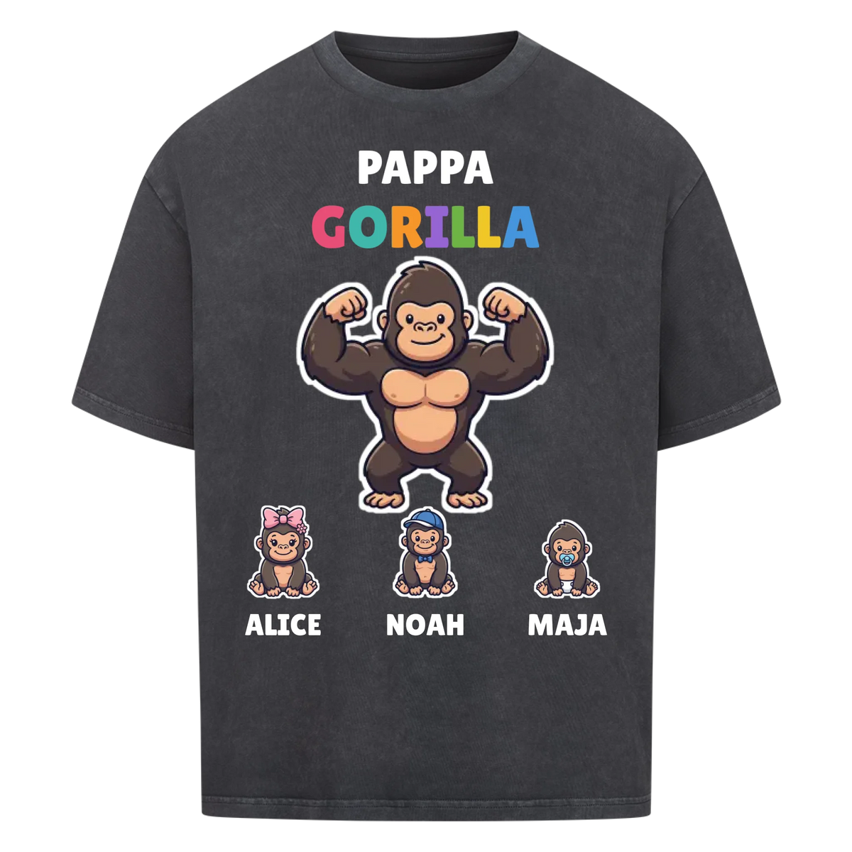 Pappa Gorilla t-shirt med gorillapappa, barnens namn och små gorillor. Personlig present till pappa