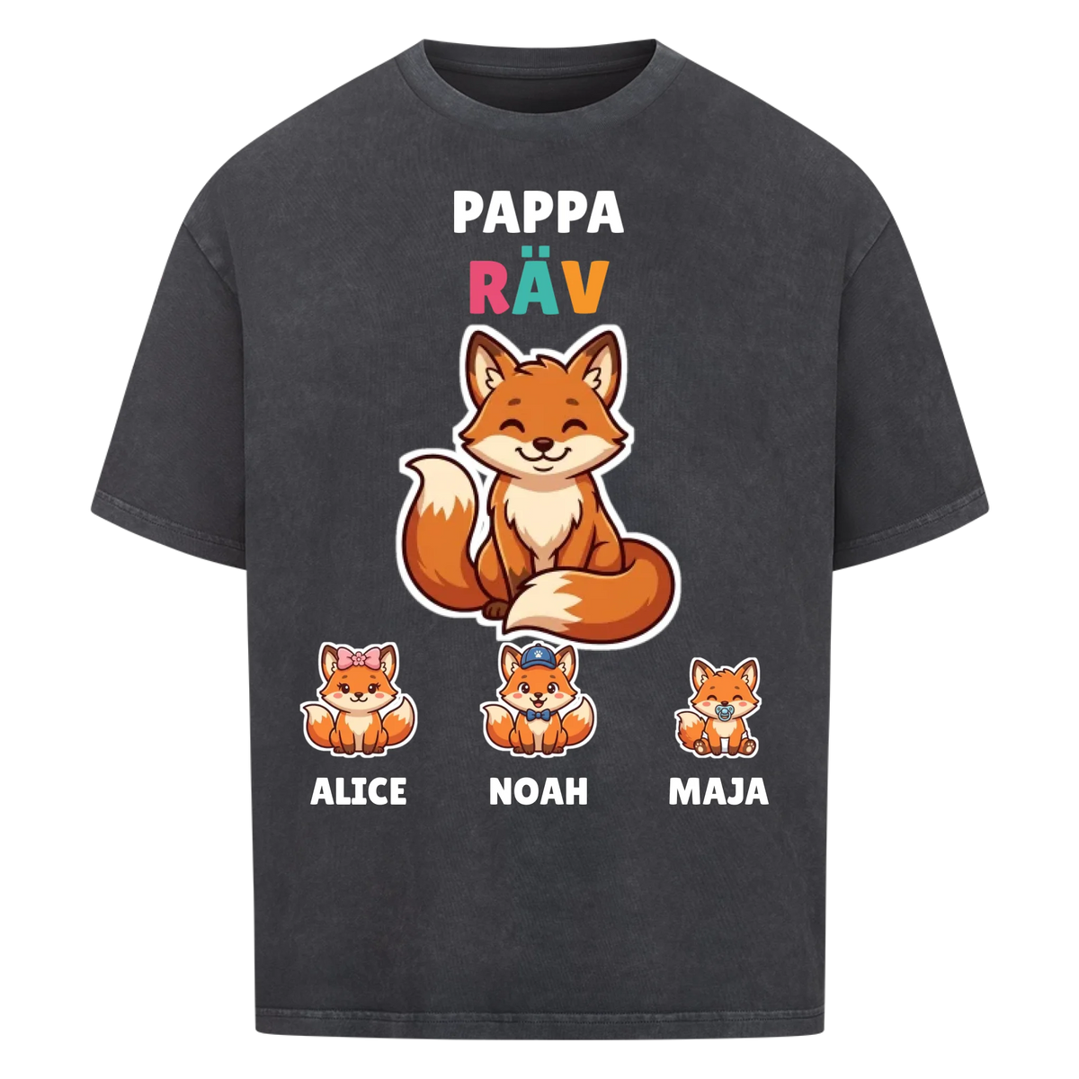 Pappa Räv t-shirt med rävpappa, barnens namn och små rävungar. Personlig present till pappa