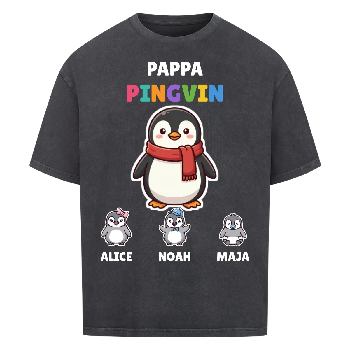 Pappa Pingvin t-shirt med pingvinpappa, barnens namn och små pingvinungar. Personlig present till pappa