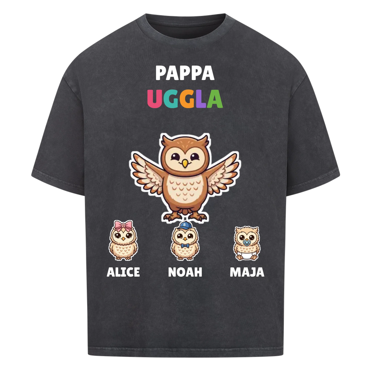Pappa Uggla t-shirt med ugglepappa, barnens namn och små ugglor. Personlig present till pappa