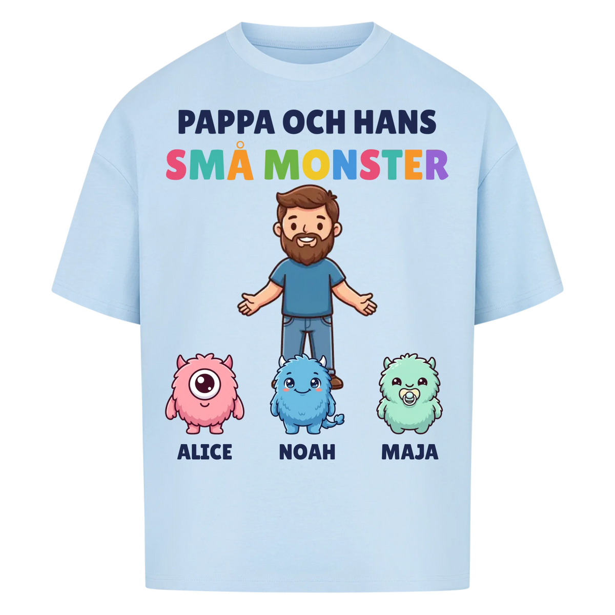 Pappa och hans små monster t-shirt med pappas figur, barnens monster och namn. Personlig present till pappa
