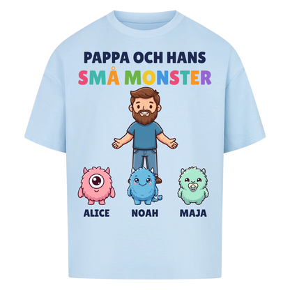 Pappa och hans små monster t-shirt med pappas figur, barnens monster och namn. Personlig present till pappa