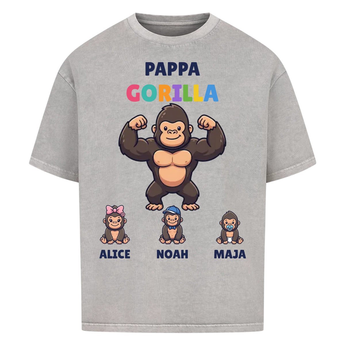 Pappa Gorilla t-shirt med gorillapappa, barnens namn och små gorillor. Personlig present till pappa