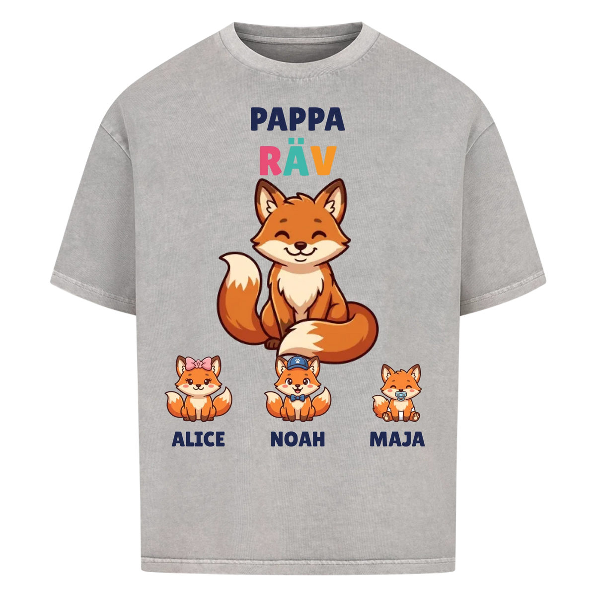Pappa Räv t-shirt med rävpappa, barnens namn och små rävungar. Personlig present till pappa
