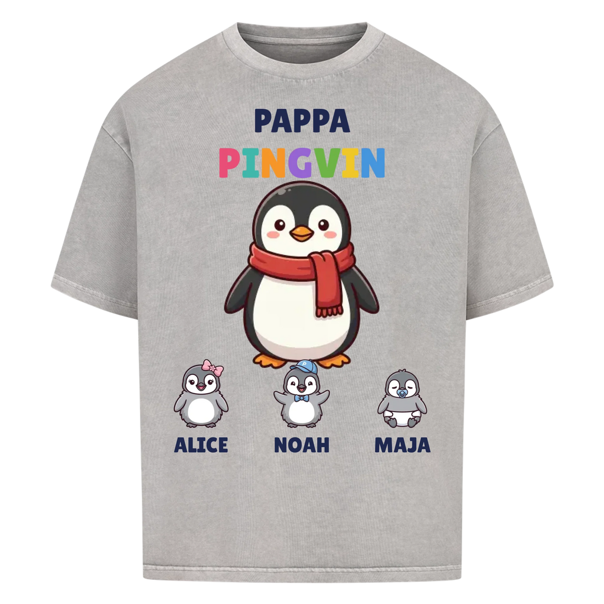 Pappa Pingvin t-shirt med pingvinpappa, barnens namn och små pingvinungar. Personlig present till pappa