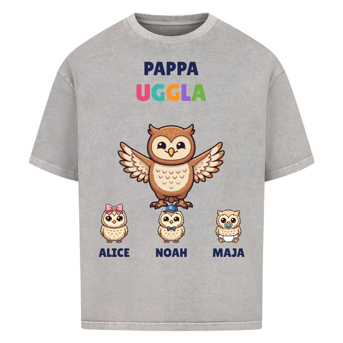 Pappa Uggla t-shirt med ugglepappa, barnens namn och små ugglor. Personlig present till pappa