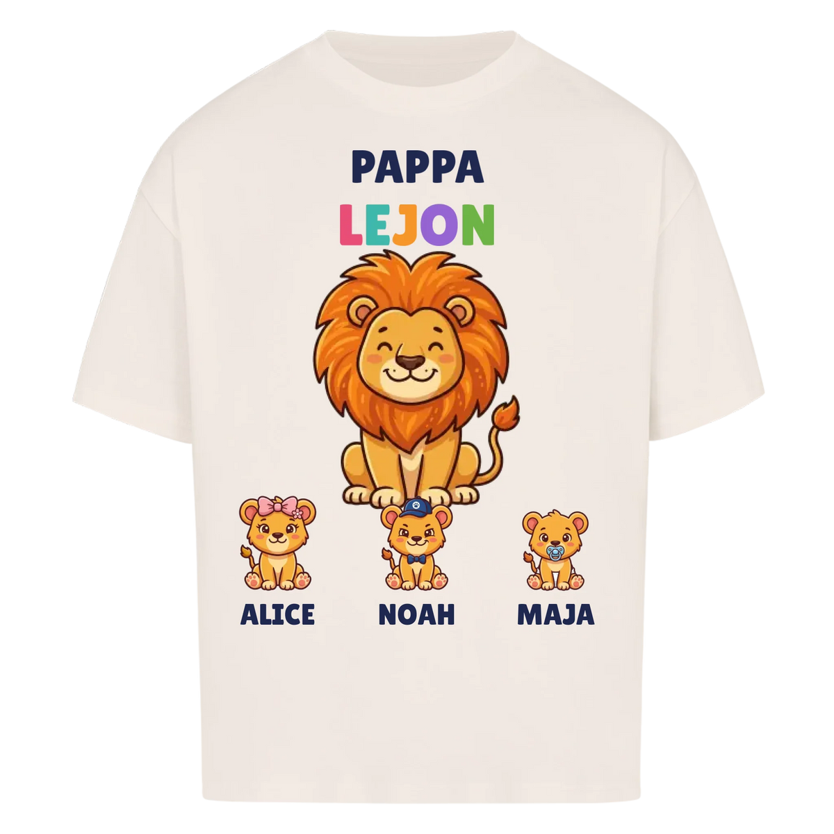 Pappa Lejon t-shirt med lejonpappa, barnens namn och små lejonungar. Personlig present till pappa