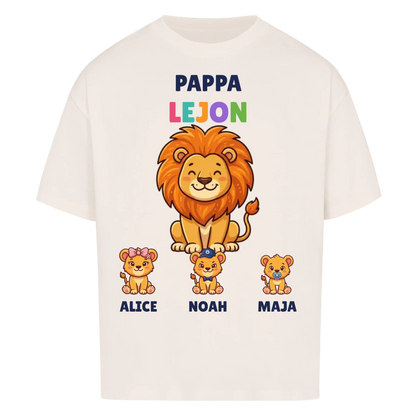 Pappa Lejon t-shirt med lejonpappa, barnens namn och små lejonungar. Personlig present till pappa