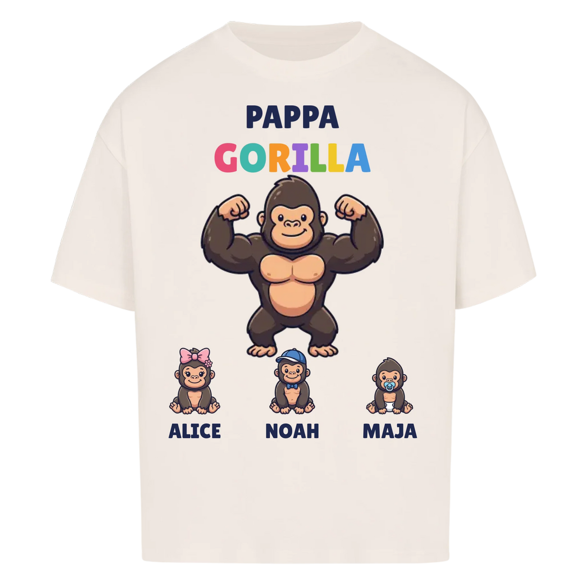 Pappa Gorilla t-shirt med gorillapappa, barnens namn och små gorillor. Personlig present till pappa