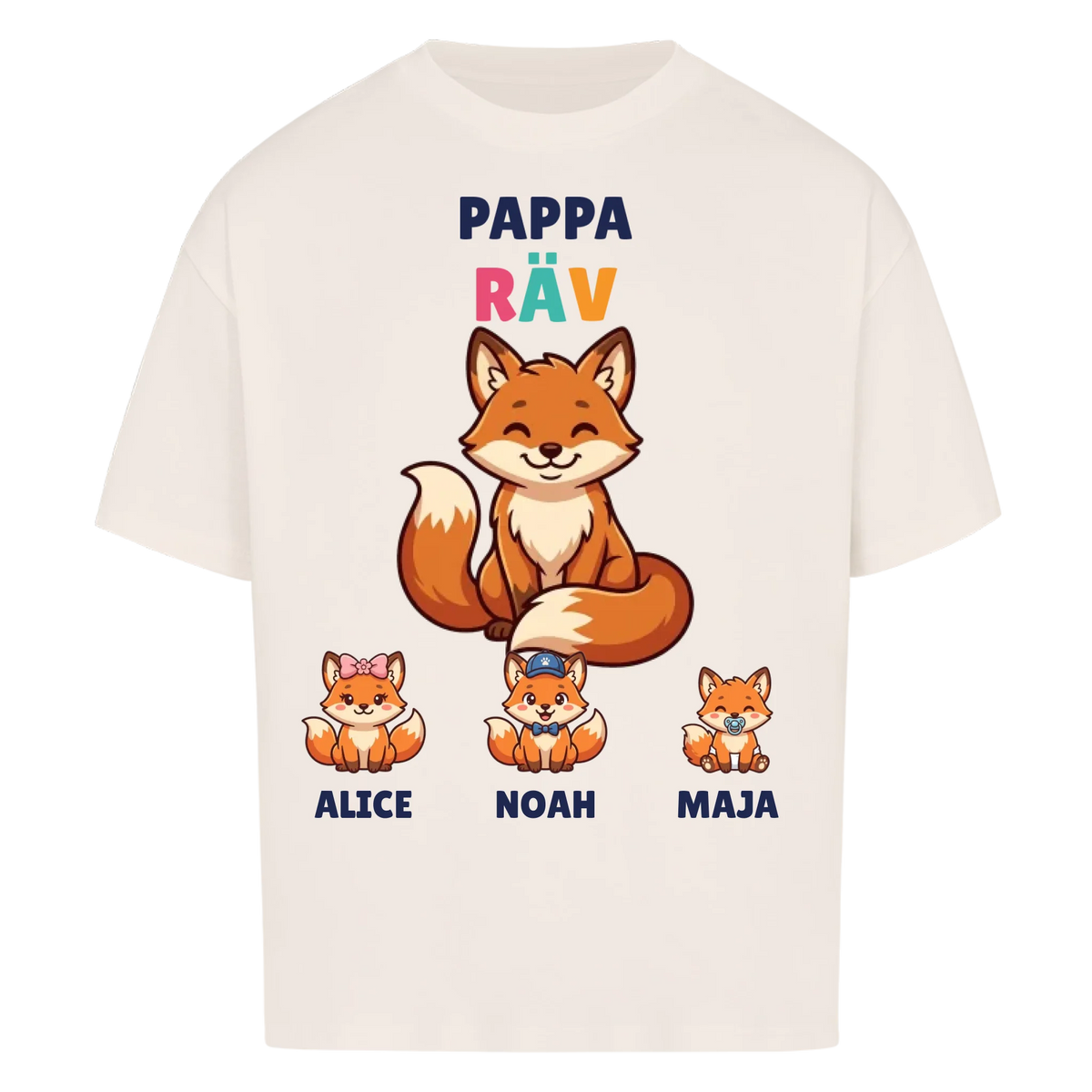 Pappa Räv t-shirt med rävpappa, barnens namn och små rävungar. Personlig present till pappa