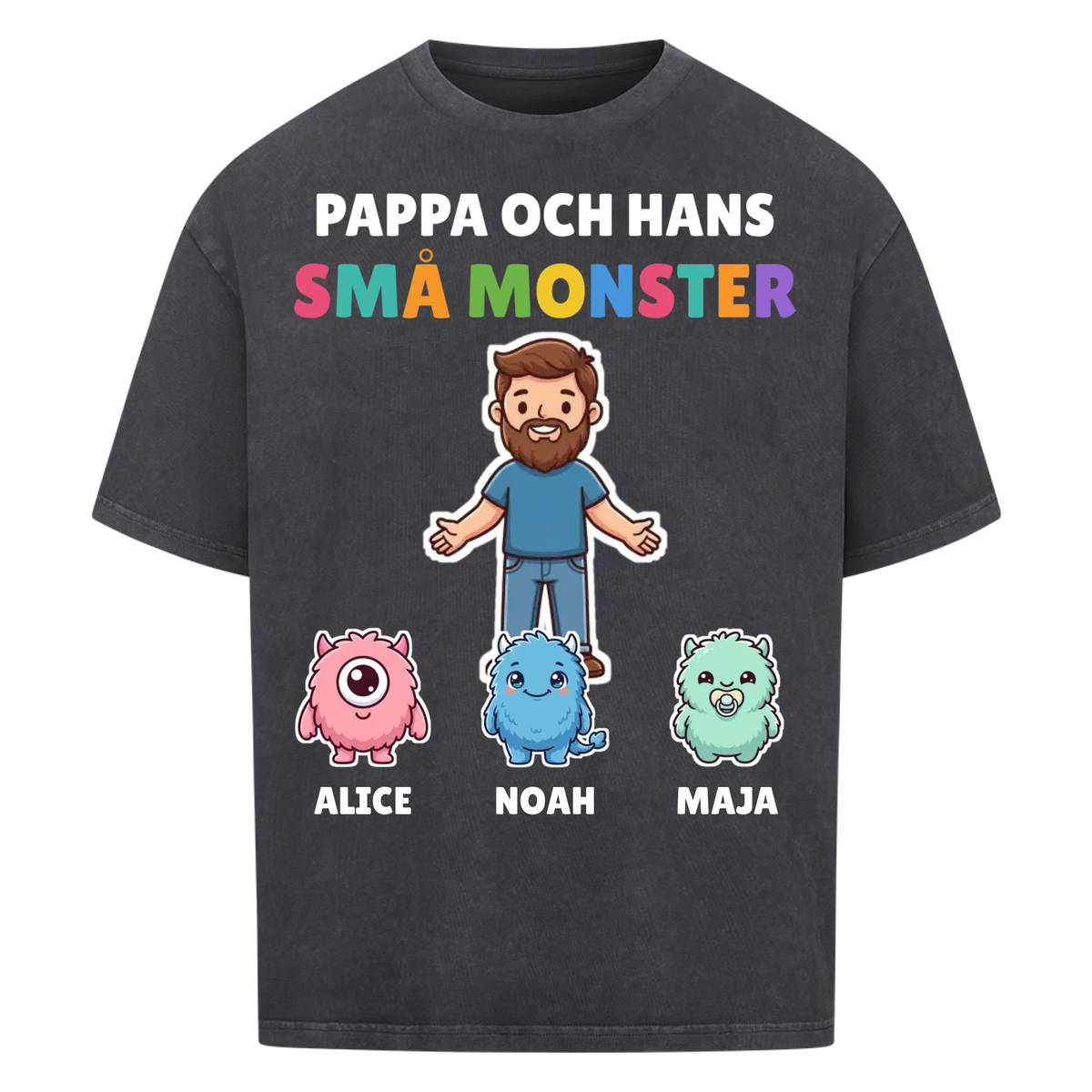 Pappa och hans små monster t-shirt med pappas figur, barnens monster och namn. Personlig present till pappa