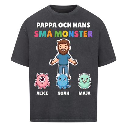 Pappa och hans små monster t-shirt med pappas figur, barnens monster och namn. Personlig present till pappa