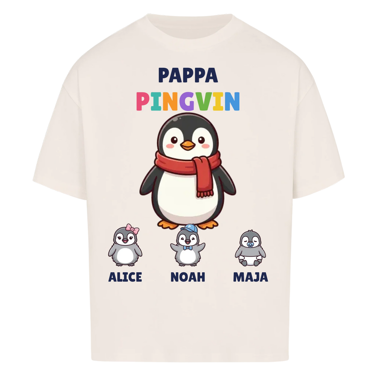 Pappa Pingvin t-shirt med pingvinpappa, barnens namn och små pingvinungar. Personlig present till pappa