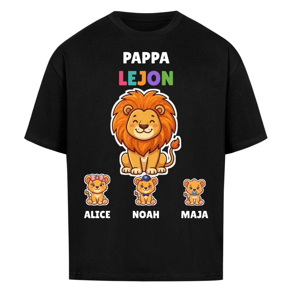 Pappa Lejon t-shirt med lejonpappa, barnens namn och små lejonungar. Personlig present till pappa