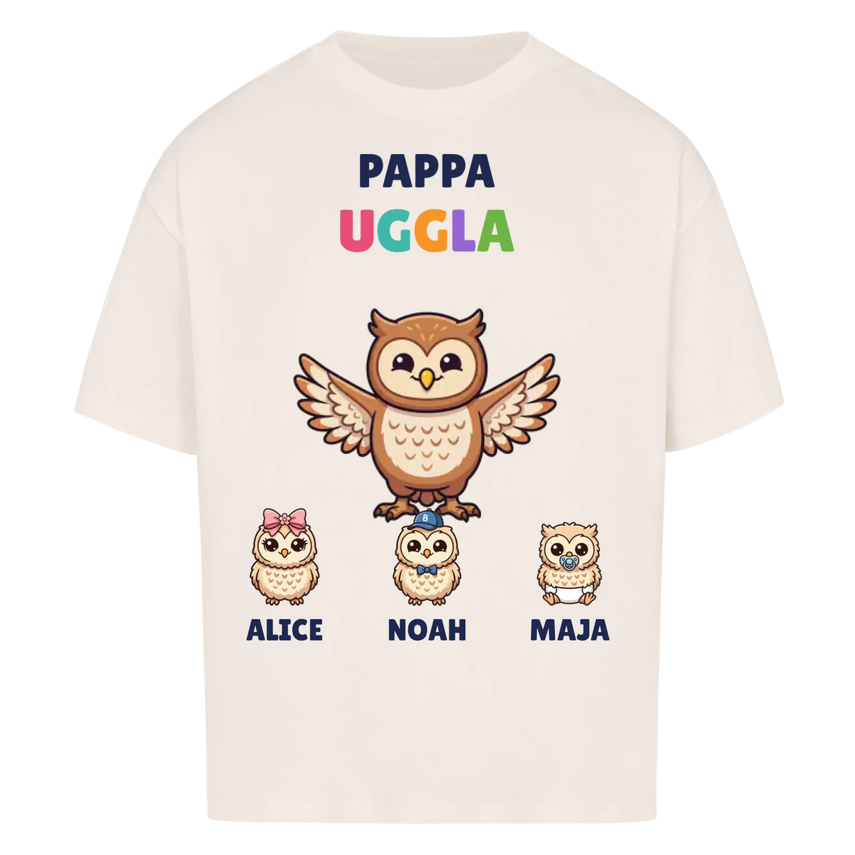 Pappa Uggla t-shirt med ugglepappa, barnens namn och små ugglor. Personlig present till pappa