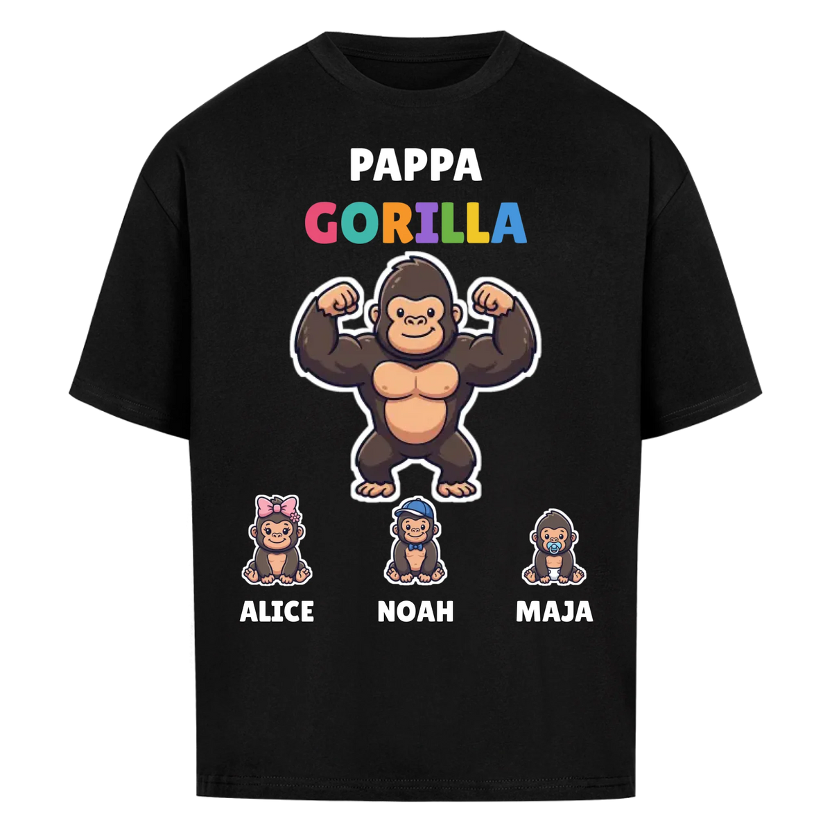 Pappa Gorilla t-shirt med gorillapappa, barnens namn och små gorillor. Personlig present till pappa