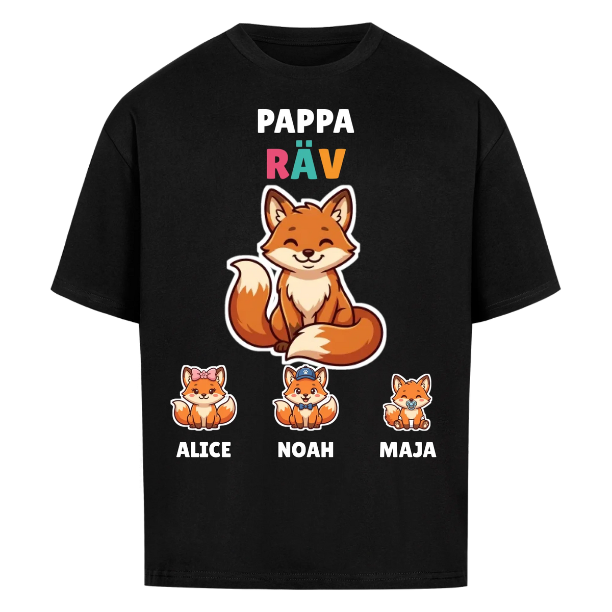 Pappa Räv t-shirt med rävpappa, barnens namn och små rävungar. Personlig present till pappa