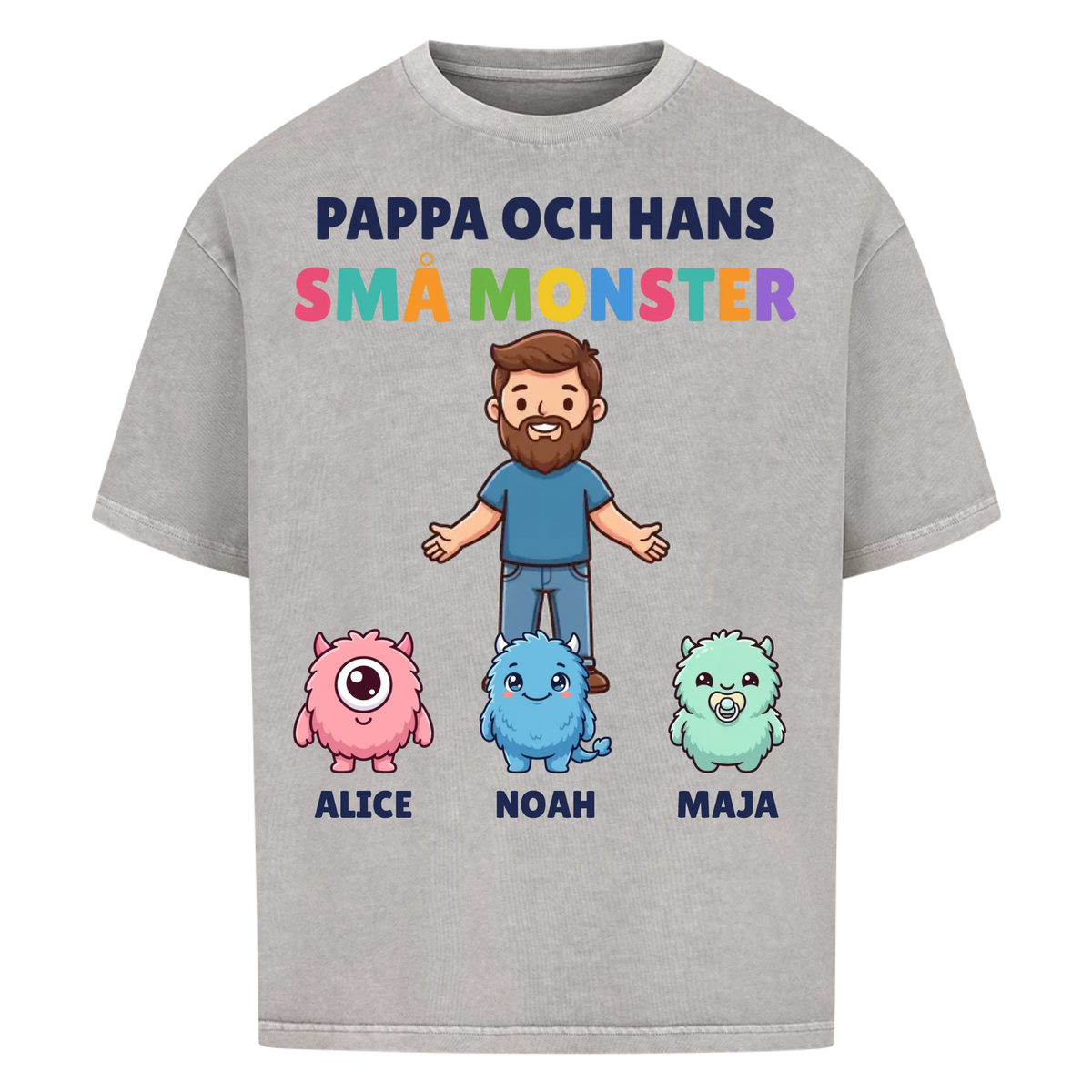 Pappa och hans små monster t-shirt med pappas figur, barnens monster och namn. Personlig present till pappa