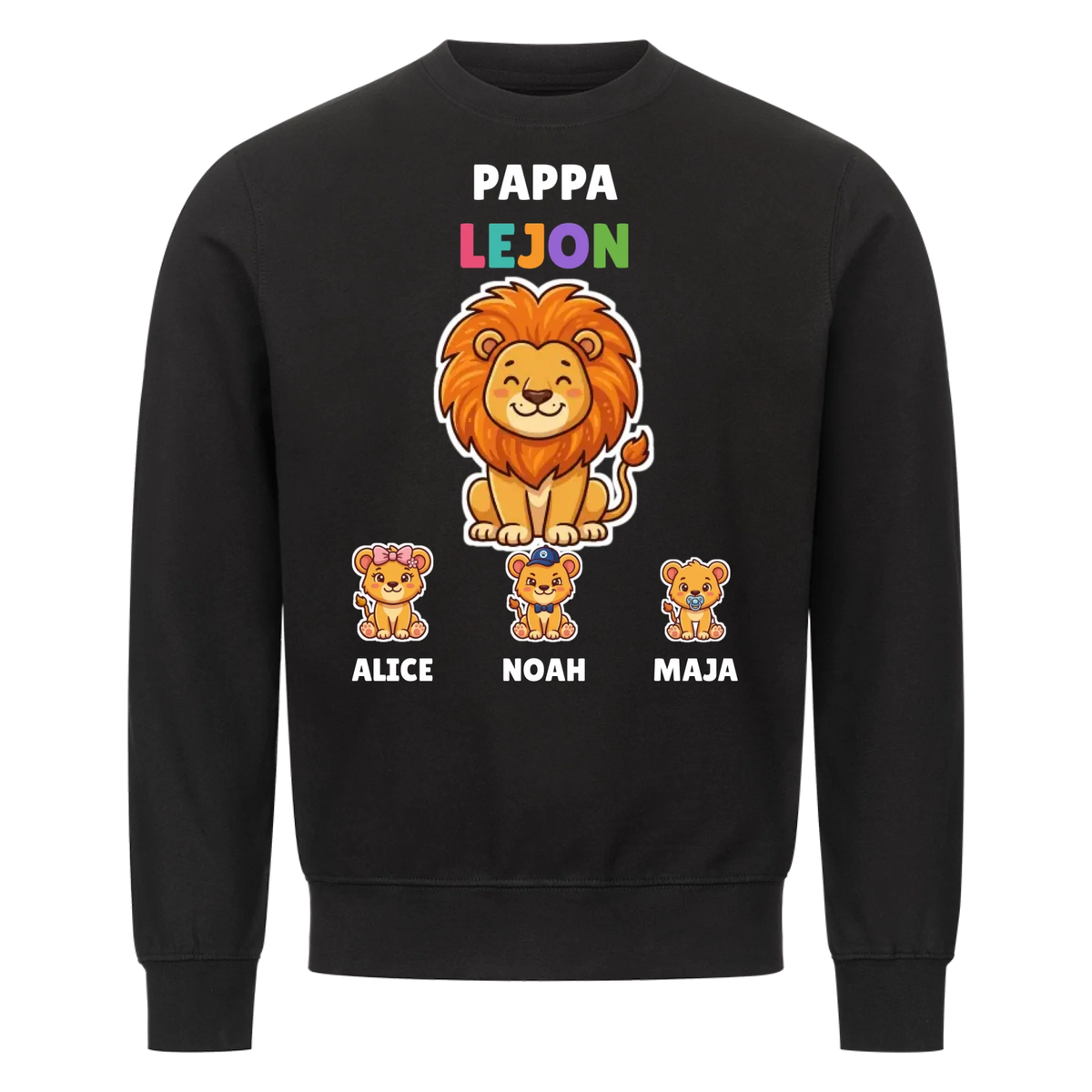 Pappa Lejon t-shirt med lejonpappa, barnens namn och små lejonungar. Personlig present till pappa