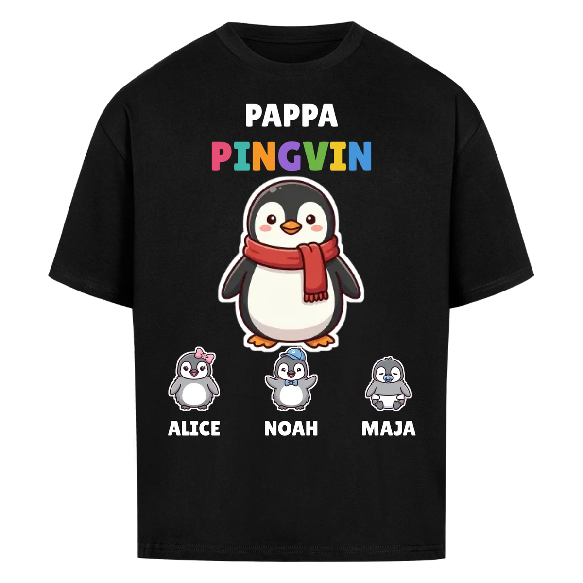 Pappa Pingvin t-shirt med pingvinpappa, barnens namn och små pingvinungar. Personlig present till pappa
