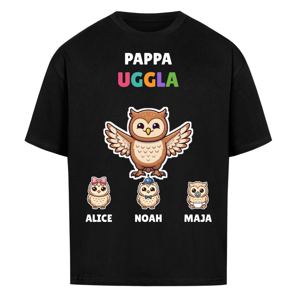 Pappa Uggla t-shirt med ugglepappa, barnens namn och små ugglor. Personlig present till pappa