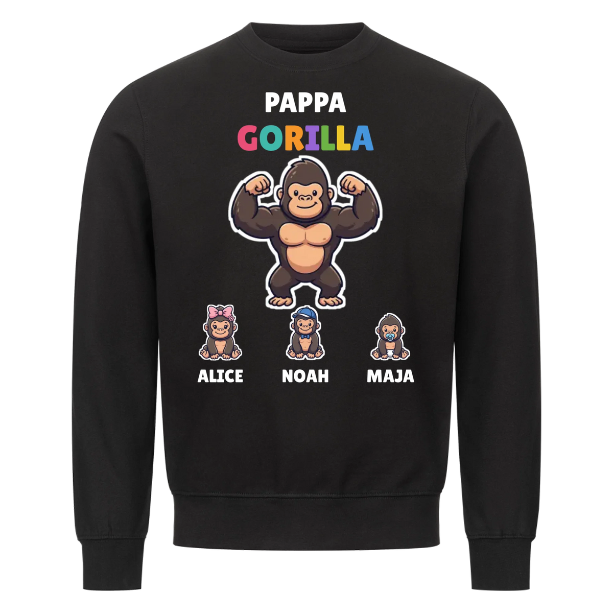 Pappa Gorilla t-shirt med gorillapappa, barnens namn och små gorillor. Personlig present till pappa
