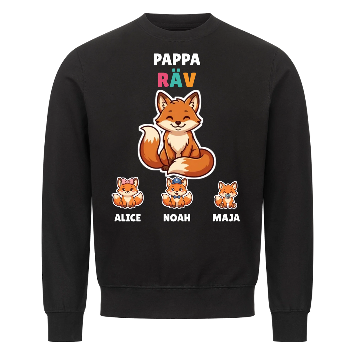 Pappa Räv t-shirt med rävpappa, barnens namn och små rävungar. Personlig present till pappa