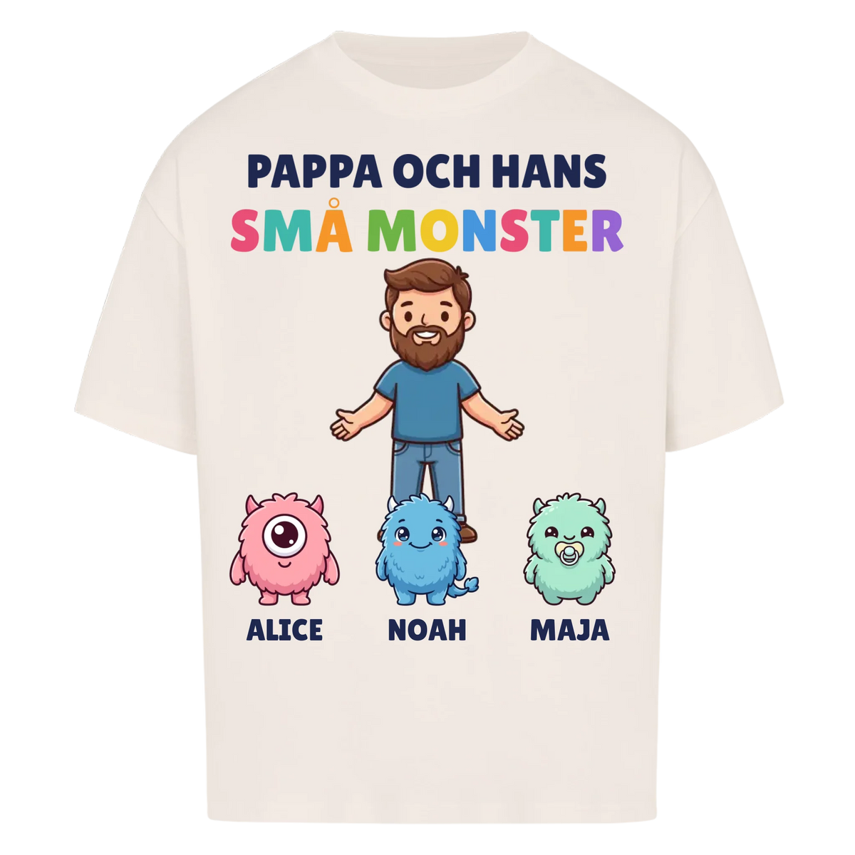 Pappa och hans små monster t-shirt med pappas figur, barnens monster och namn. Personlig present till pappa
