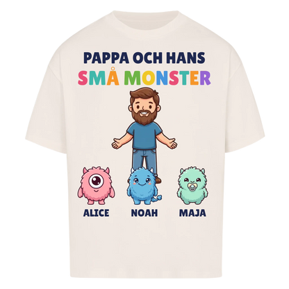 Pappa och hans små monster t-shirt med pappas figur, barnens monster och namn. Personlig present till pappa
