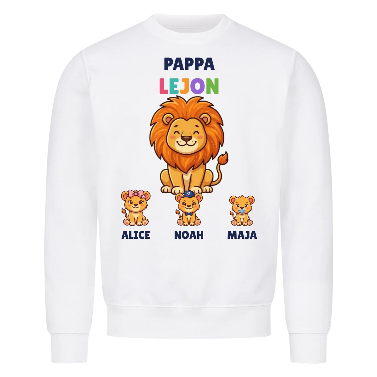 Pappa Lejon t-shirt med lejonpappa, barnens namn och små lejonungar. Personlig present till pappa