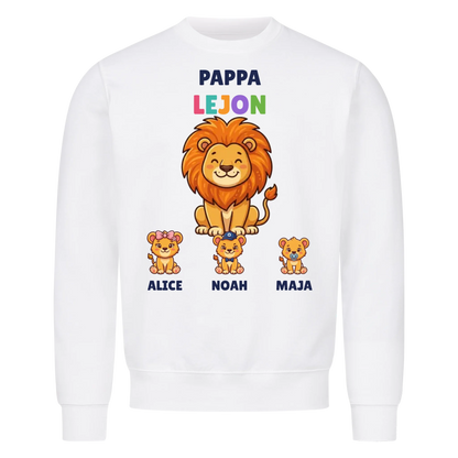 Pappa Lejon t-shirt med lejonpappa, barnens namn och små lejonungar. Personlig present till pappa