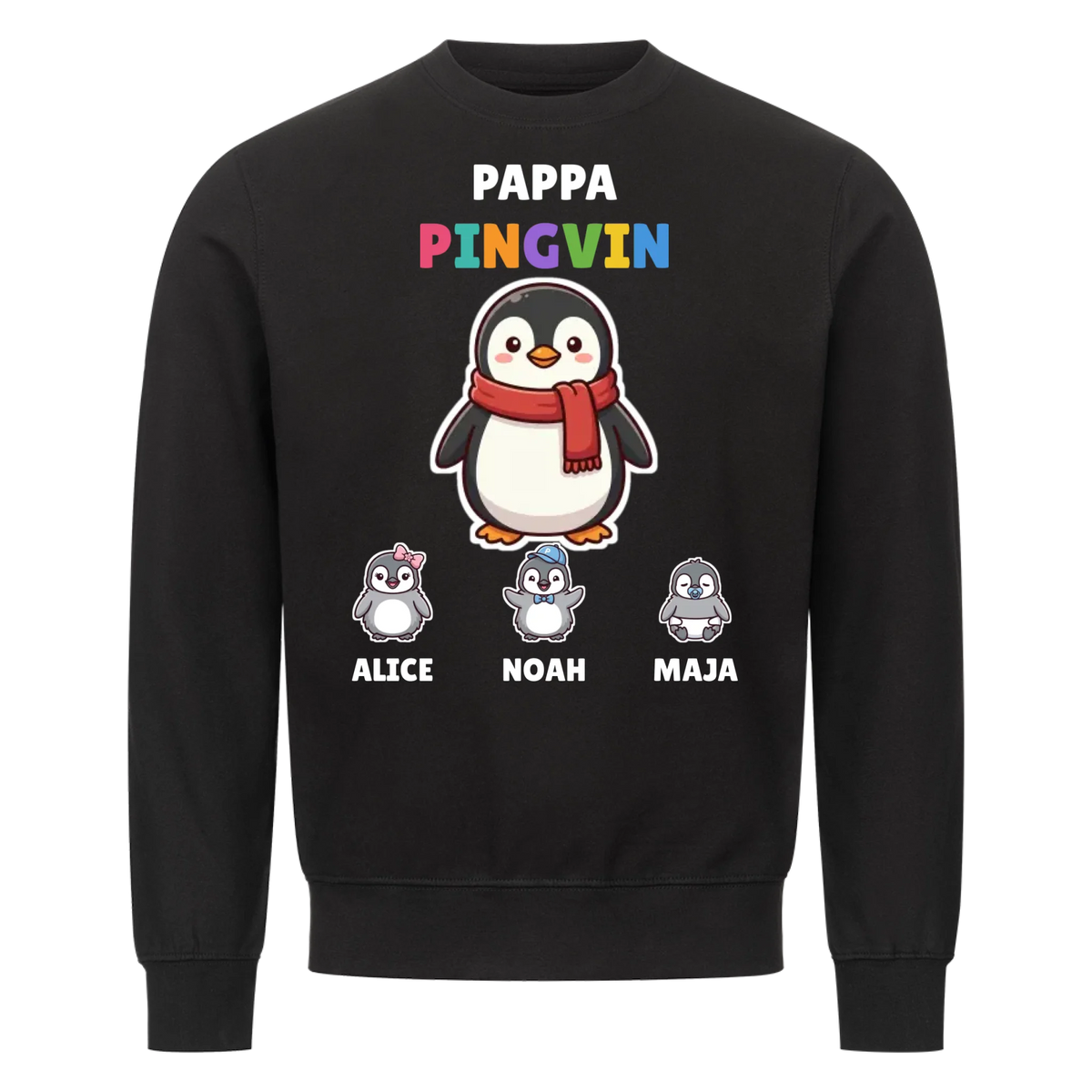 Pappa Pingvin t-shirt med pingvinpappa, barnens namn och små pingvinungar. Personlig present till pappa