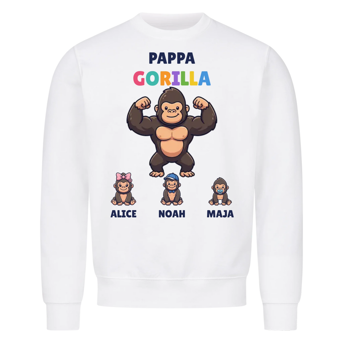 Pappa Gorilla t-shirt med gorillapappa, barnens namn och små gorillor. Personlig present till pappa