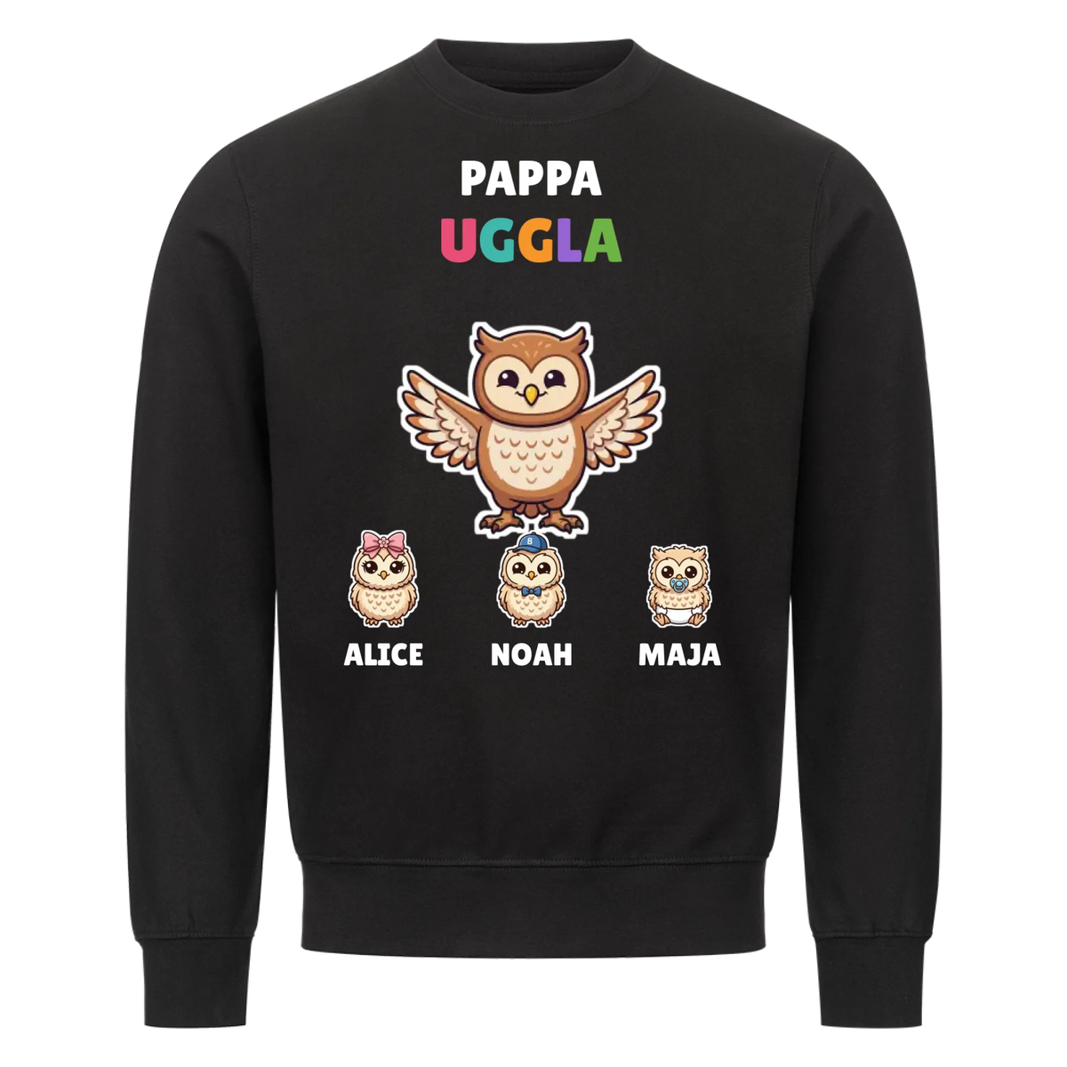 Pappa Uggla t-shirt med ugglepappa, barnens namn och små ugglor. Personlig present till pappa