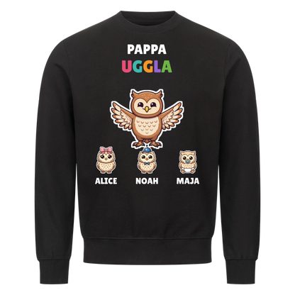 Pappa Uggla t-shirt med ugglepappa, barnens namn och små ugglor. Personlig present till pappa