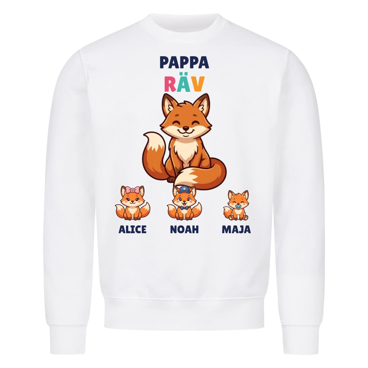 Pappa Räv t-shirt med rävpappa, barnens namn och små rävungar. Personlig present till pappa