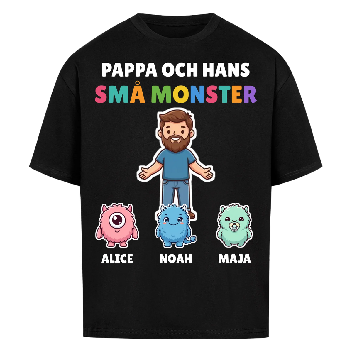 Pappa och hans små monster t-shirt med pappas figur, barnens monster och namn. Personlig present till pappa