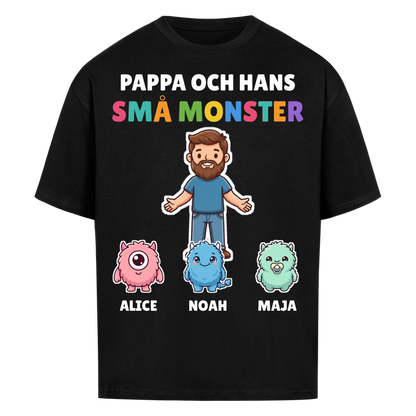 Pappa och hans små monster t-shirt med pappas figur, barnens monster och namn. Personlig present till pappa