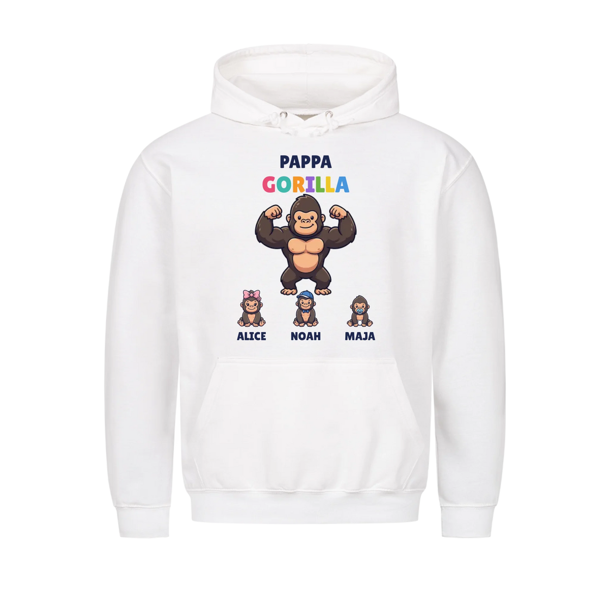 Pappa Gorilla t-shirt med gorillapappa, barnens namn och små gorillor. Personlig present till pappa