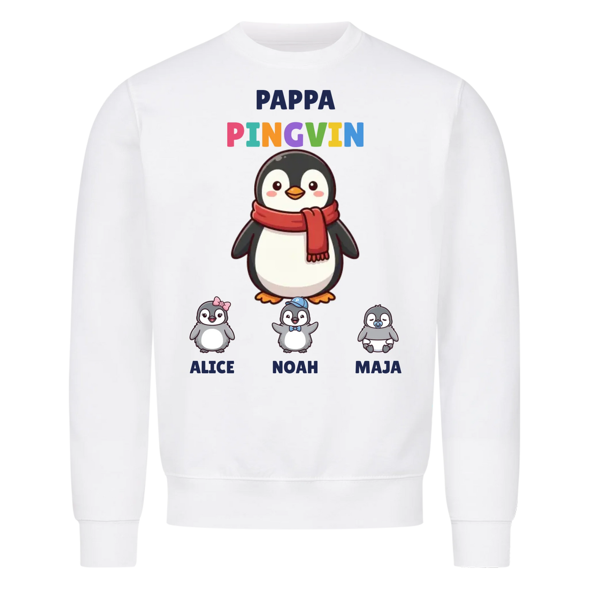 Pappa Pingvin t-shirt med pingvinpappa, barnens namn och små pingvinungar. Personlig present till pappa