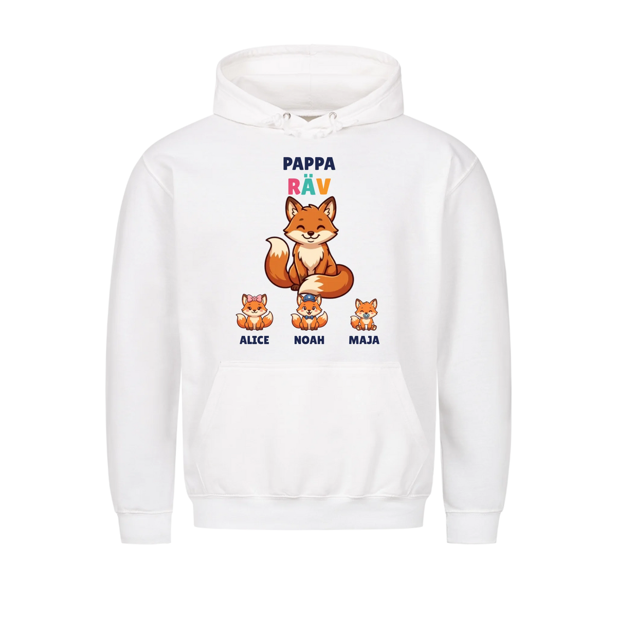 Pappa Räv t-shirt med rävpappa, barnens namn och små rävungar. Personlig present till pappa